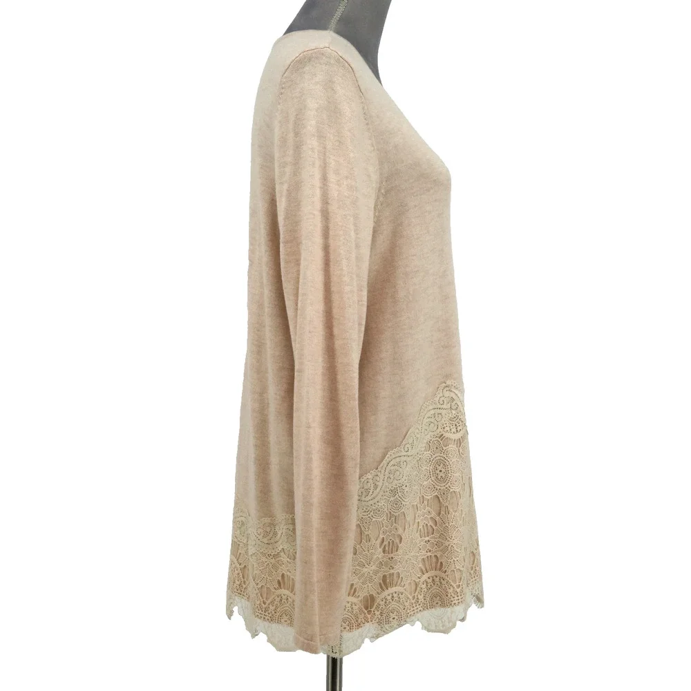 Chicos Sweater 2 Womens Large Beige Tan Cotton Blend Lace Hem Pullover Coastal